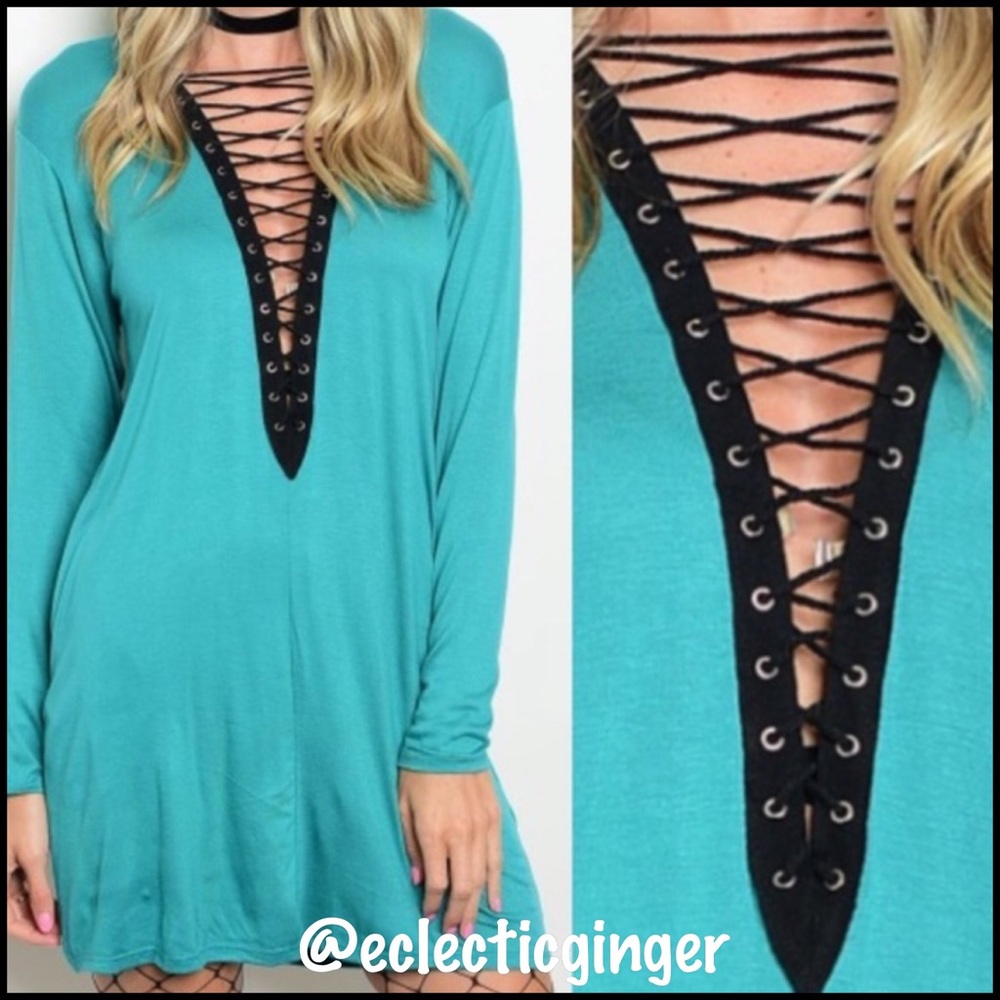 Aqua & black long sleeve lace up tunic/dress S - Picture 1 of 6